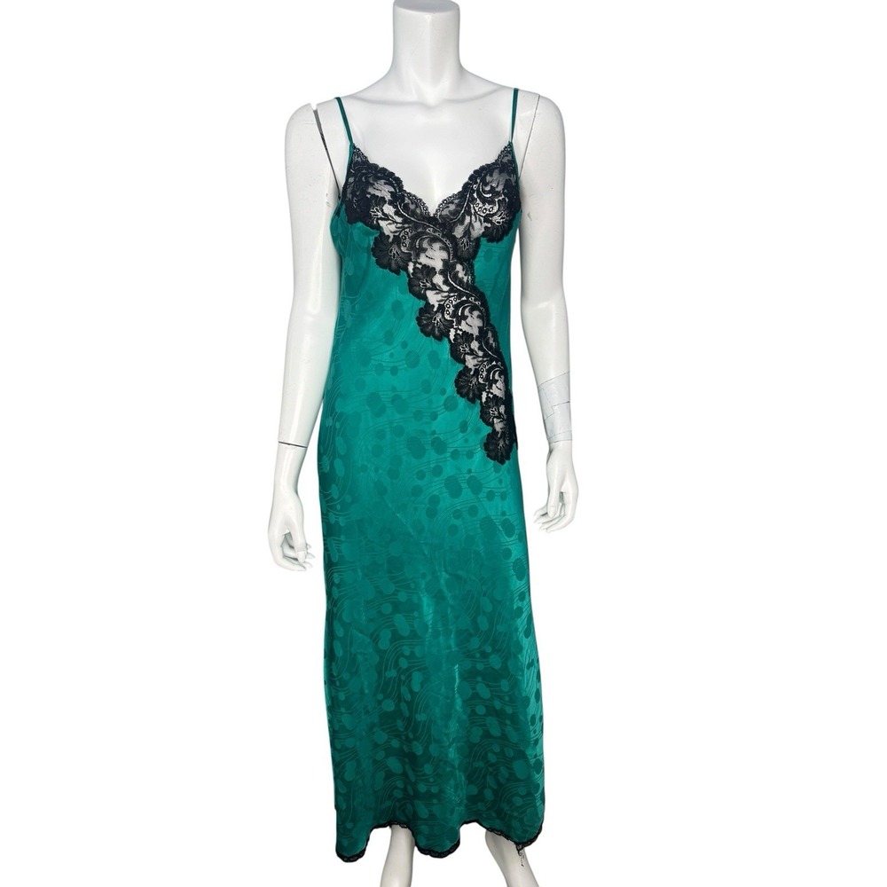 Vintage 80,s Eve Stillman Couture Satin Slip Dress/ Nightgown Size S Green Long